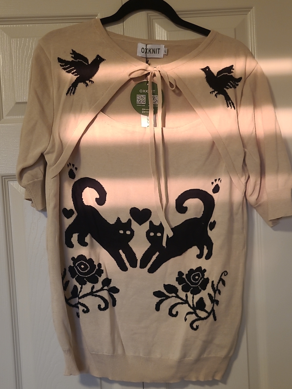 OXKNIT Beige Short-Sleeve Tie-Neck Cat Motif Knit Top